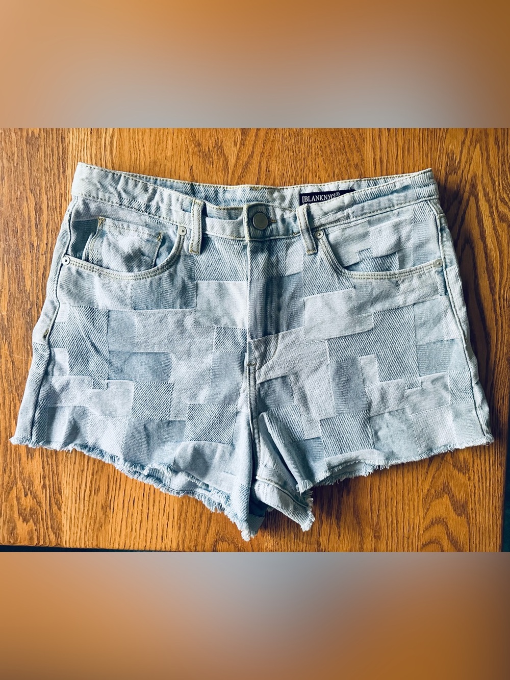 BLANKNYC The Barrow High Rise Patchwork Denim Light Wash Blue Shorts Size 29